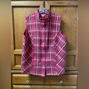 CJ Banks Women’s Pink Madras Plaid Quilted Snap Button Vest Pockets Size 3X